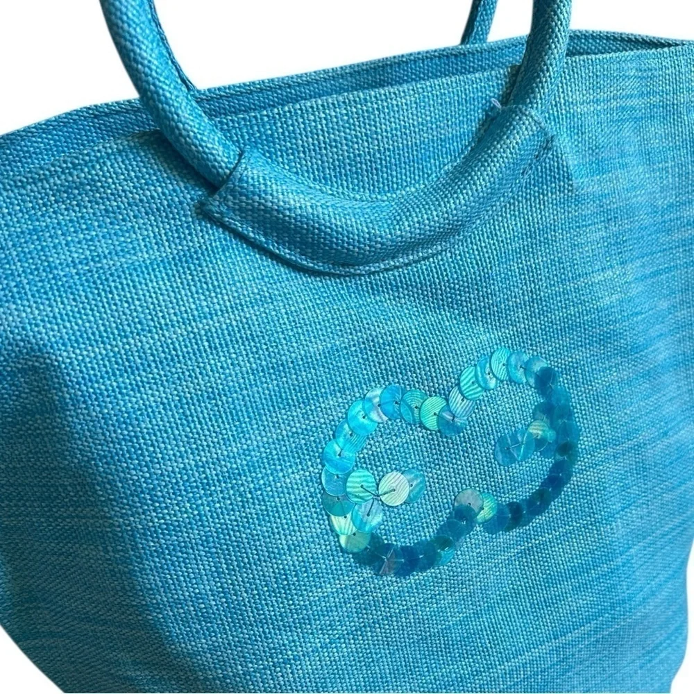 Escada Island Kiss Beach Tote Bag Turquoise Blue Canvas Sequin Circle Top Handle
